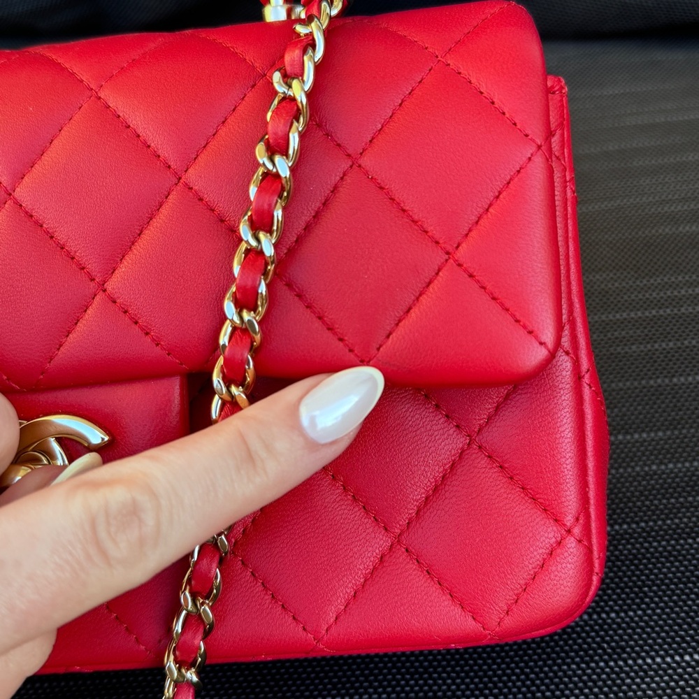 ❤️CHANEL❤️Mini Rectangular Top Handle Red Lambskin Flap Bag LGHW - Picture 8 of 14